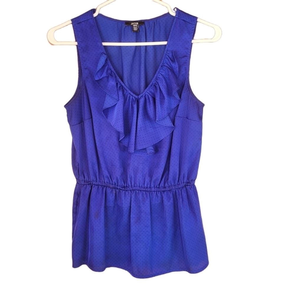 Jacob Sleeveless Blue with Black Polka Dot Ruffle V Neck Top Size XS